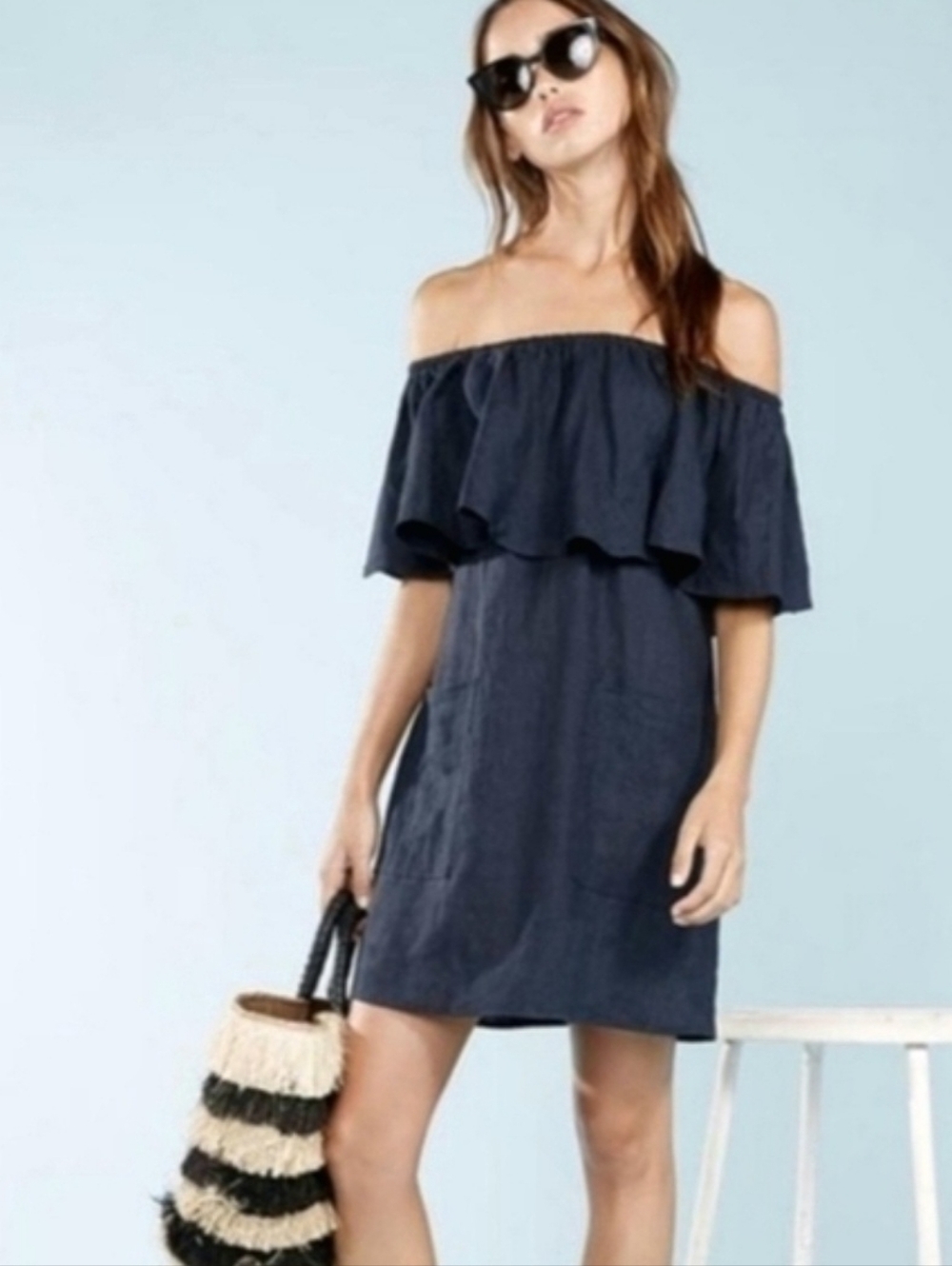 Reformation Tennessee Off Shoulder Mini Dress Navy Ruffle XS Vacation Beach